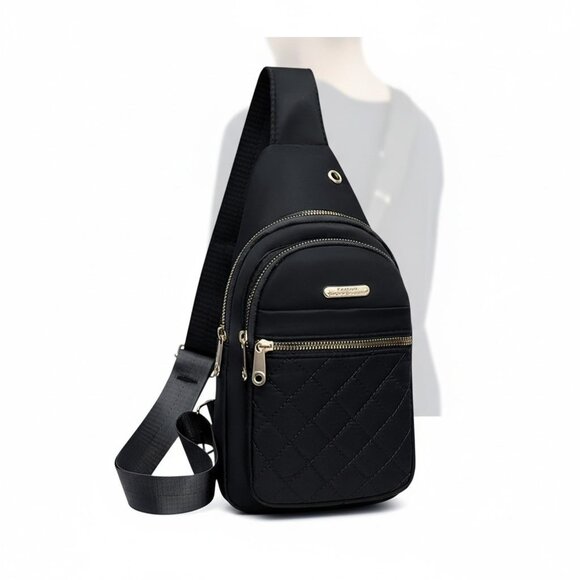 Sling Backpack Handbags - Small Quilted Crossbody Sling Backpack With Multi-Pockets & Headphone Port - Bla